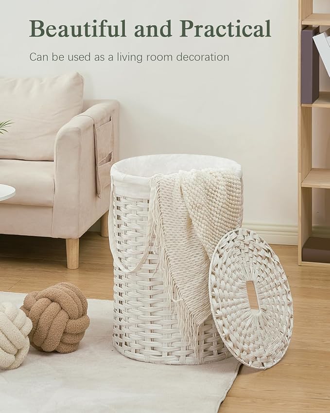 SETVSON Laundry Hamper with Lid Laundry Basket with Lid 72L, White | 19 Gal Round PE Rattan Hamper with Lid, Removable Washable Liner Bag, 2 Mesh Wash Bags, Steel Frame, Handles