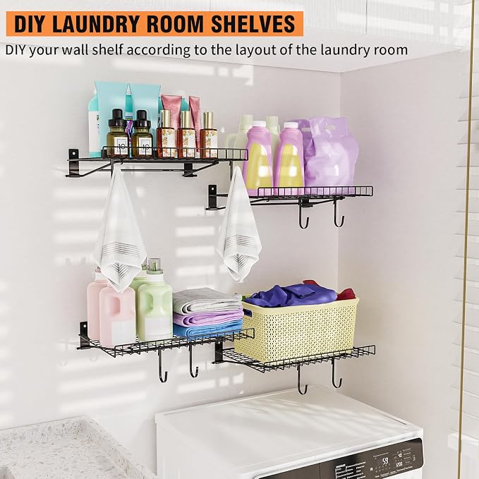 6 Pack Foldable Wall Shelf, Wall Mounted Garage Storage Shelves, Heavy Duty Wall Shelving Supports Up To 270 LBS. Floating Shelves With 12 Hooks Metal Storage Rack for Office, Kitchen and Laundry Room
