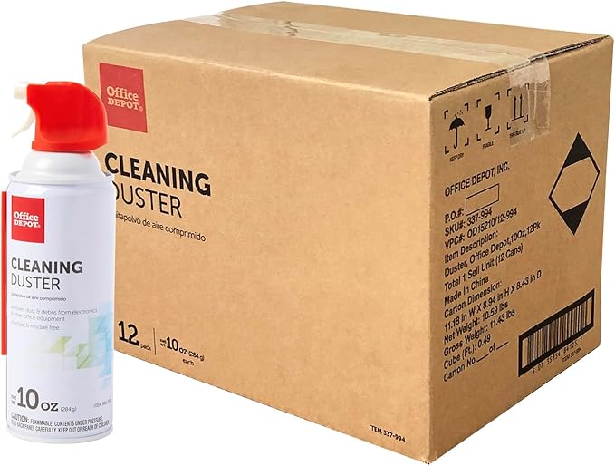 Office Depot Cleaning Duster, 10 Oz Compressed Canned Air for Electronics, Keyboard Cleaner for Computer, Laptop, PC, Printer, Office Equipment, Moisture-Free, Pack of 12