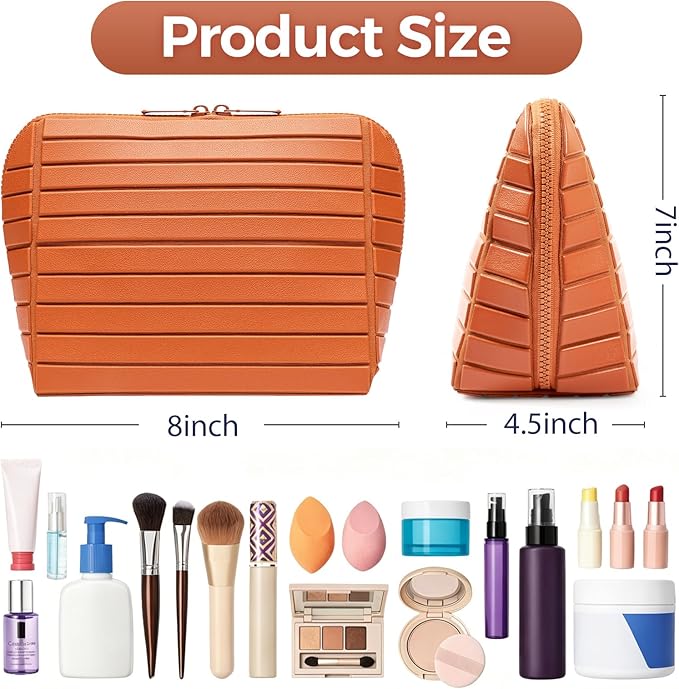 Travel Makeup Organizer Bag with Fold-Down Design and Adjustable Dividers, 27 Pockets & 3 Brush Storage Holders, Large Capacity Cosmetic Bags Toiletry Case - Brown