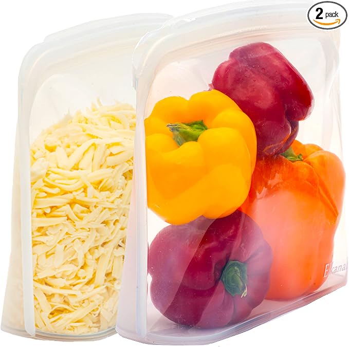 Elkanah Reusable Silicone Freezer Bags, XL 1 Gallon, Set of 2, Oven Safe | 116fl oz Reusable silicone bags that go from freezer to oven to sous vide — no more single-use bags