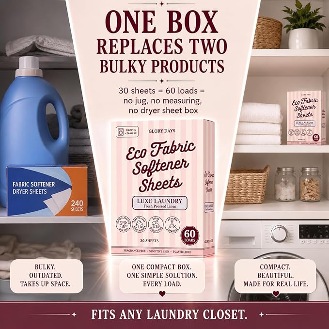 Glory Days Fabric Softener Sheets for Washer - Fresh Linen Scent, Replaces Liquid Softener, Plant-Based, Plastic-Free, Eco Friendly, 60 Loads