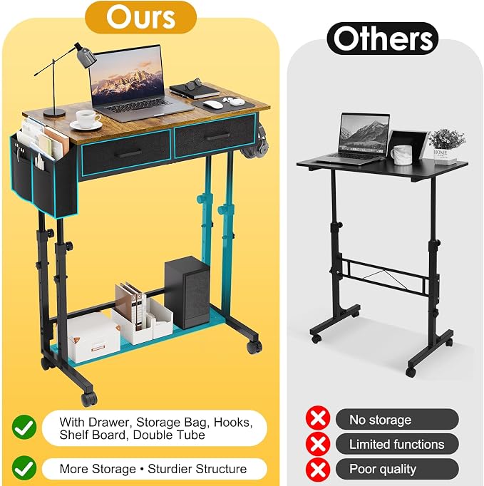 Small Rolling Standing Desk, Height Adjustable Mobile Sturdy Desk with 2 Fabric Drawers & Storage Shelf, Portable Sofa Side Laptop Table for Home Office, Small Spaces, 31.41"" x 15.74"", Rustic Brown