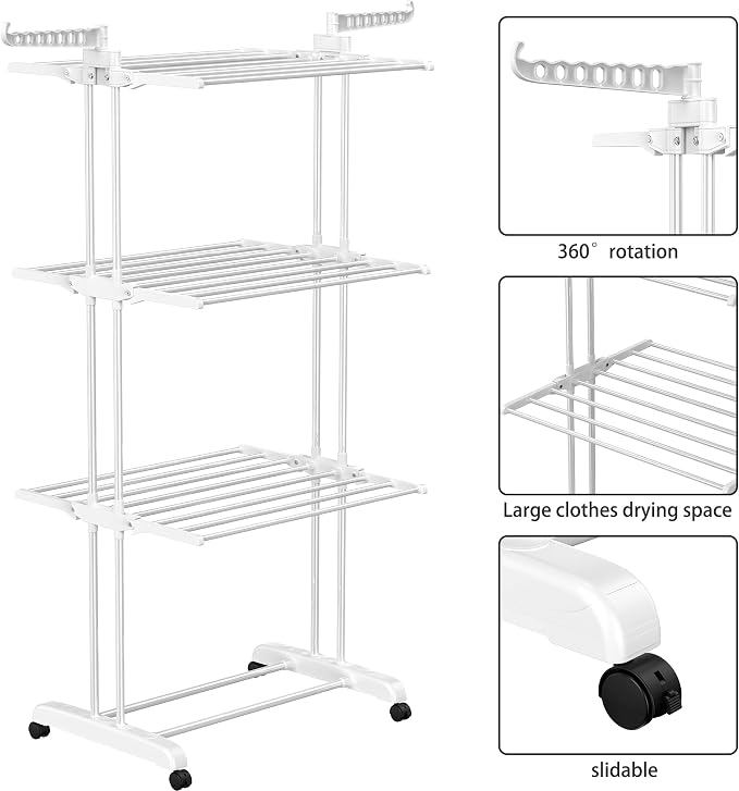 HOMIDEC Clothes Drying Rack, Large 4-Tier Foldable Drying Rack Clothing(67.7H x 19.7W x 30L Inches), Movable with 4 Castors. Multifunctional Stainless Steel Laundry Drying Rack, White