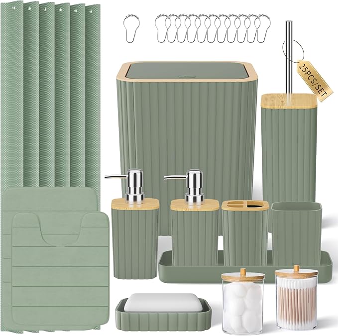 XLHOMO Bathroom Accessories Set - 25PC Sage Green Bathroom Set, Bathroom Set with Shower Curtain and Rugs, Green Shower Curtain Set, Toilet Brush, Bathroom Trash Can