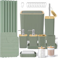 XLHOMO Bathroom Accessories Set - 25PC Sage Green Bathroom Set, Bathroom Set with Shower Curtain and Rugs, Green Shower Curtain Set, Toilet Brush, Bathroom Trash Can