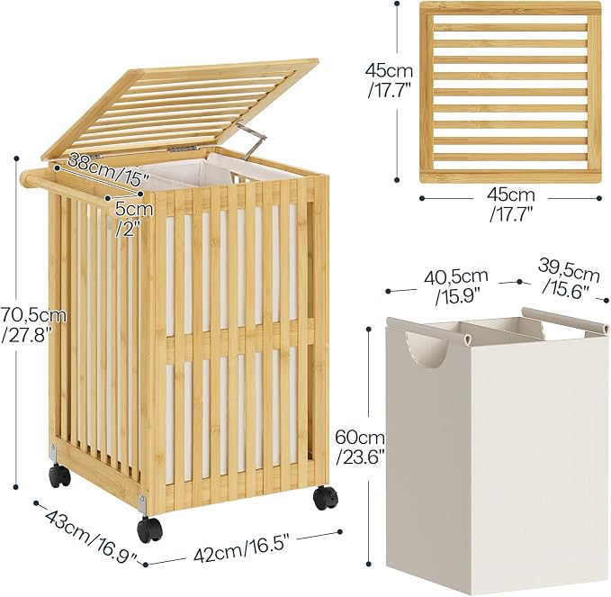 HOOBRO Laundry Hamper with Lid and Wheels, 120 L (31Gal) Double Laundry Basket, Bamboo Clothes Hamper with Handles and Removable Liner, for Laundry Room, Bathroom, Bedroom, Natural YL60XY01