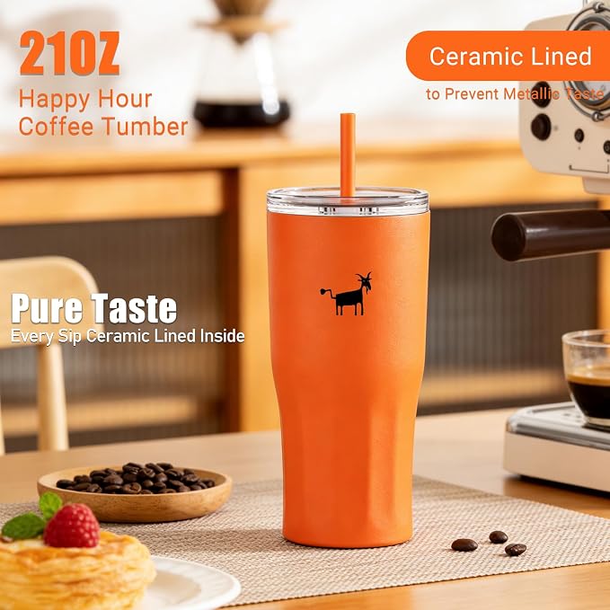 CHEERFUL GOAT Ceramic Lined Coffee Travel Mug – Stainless Steel Travel Coffee Tumbler with Ceramic Liner, with lid, 21 OZ Cup for Hot and Cold Water Coffee at Home, Office, or On the Go (Orange)