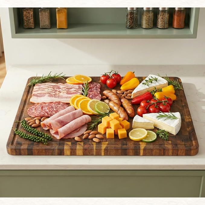 End Grain Acacia Wood Cutting Boards for Kitchen, 1.5 in Thick Butcher Block Construction for Stability, 20 x 15 in Large Cutting Boards with Gift Box, Juice Groove and Handle