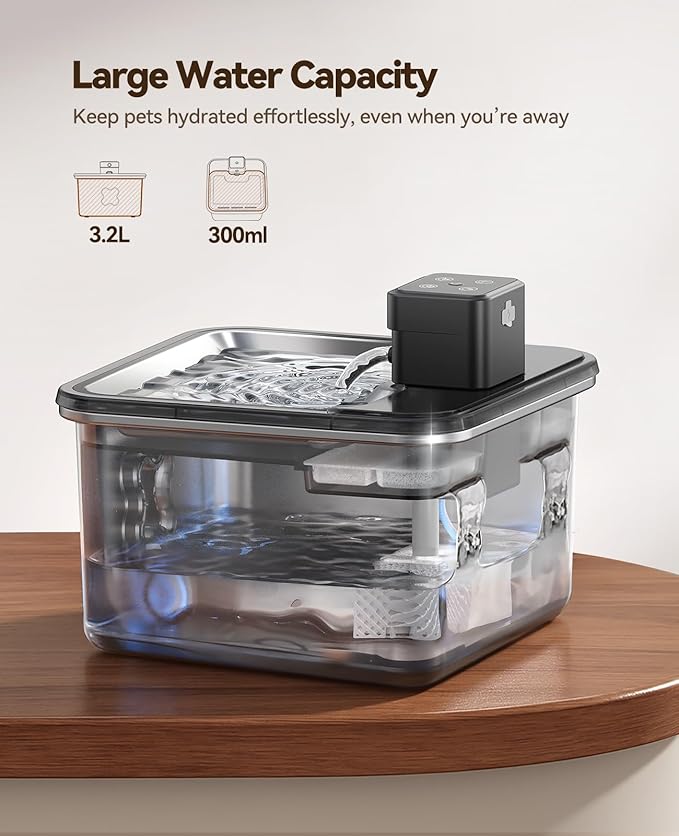 Cordless Cat Water Fountain : [Visual Filter] & [Heavy-Duty Stainless Steel] 3.2L/108oz, FEELNEEDY- Premium, Durable Design, 4000mAh Battery Operated Pet Fountain with Sensor, FN-W17 for Cats and Dogs