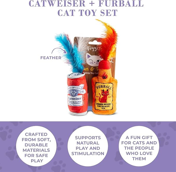 Haute Diggity Kitty Catweiser + Furball Catnip Toys, Soft Plush Cat Toys Catnip Filled with Interactive Crackle Sound & Feathers, Safe & Durable Toy for Cats & Kitten, 2 Pcs