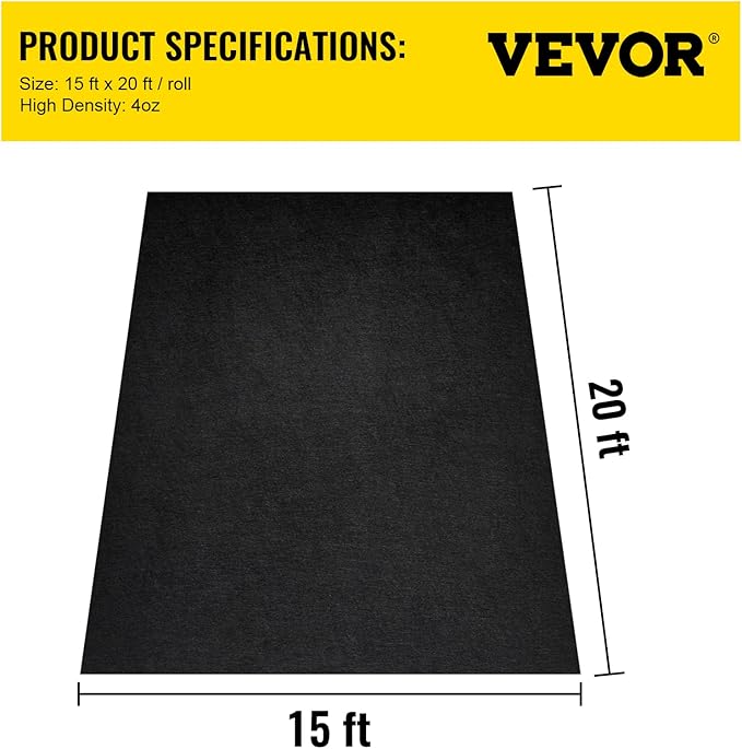 VEVOR Geotextile Landscape, 15ft x 20ft 4 oz Non-Woven PP Drainage 350N Tensile Strength & 440 N Load Capacity, for Ground Cover, Garden Fabric, French Drains, Black