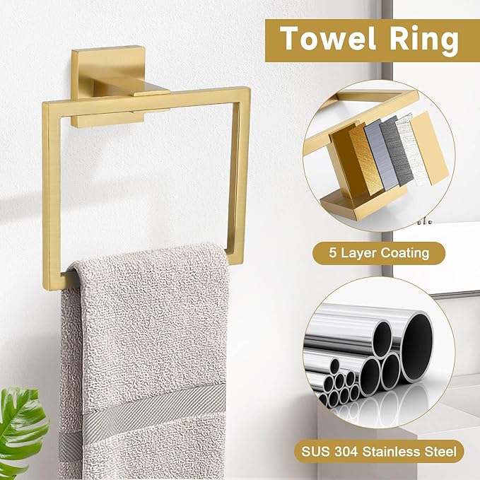Brushed Gold 5 Pieces Bathroom Hardware Accessories Set Towel Bar Set Towel Holder Racks Set for Bathroom,SUS304 Stainless Steel,Wall Mounted 23.6-Inch