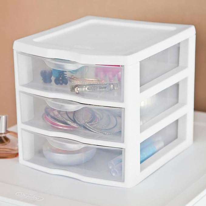 Sterilite Clearview Plastic Multipurpose Small 3 Drawer Desktop Storage Organization Unit for Home, Classrooms, or Office Spaces, White, 6 Pack
