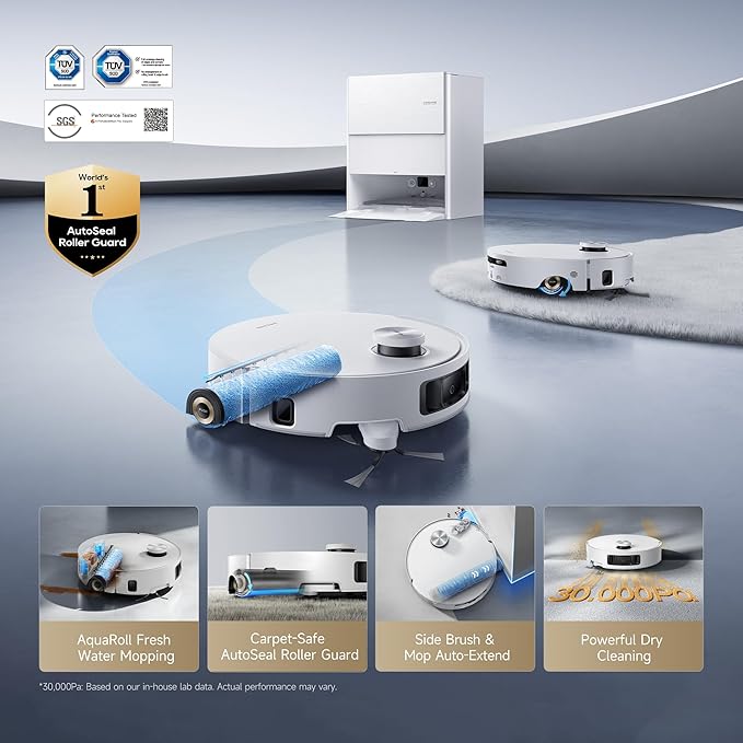 DREAME Aqua10 Roller AE Robot Vacuum, Roller Mop Fresh Water Mopping, Carpet-Safe Roller Guard, Auto-Empty, 30,000Pa Suction, 212℉ Hot Water Mop Washing, Hot Air Drying, 100% Detangling, Voice Control