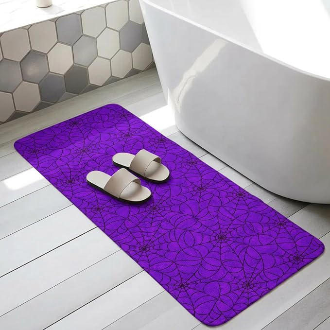 Purple Halloween Bathroom Runner Rugs Non Slip Washable Absorbent Narrow Long Bath Mat Black Spiders Net Classic Gingham Runner Rugs for Kitchen Hallway Bedroom Laundry Study Room 19.7"x63"
