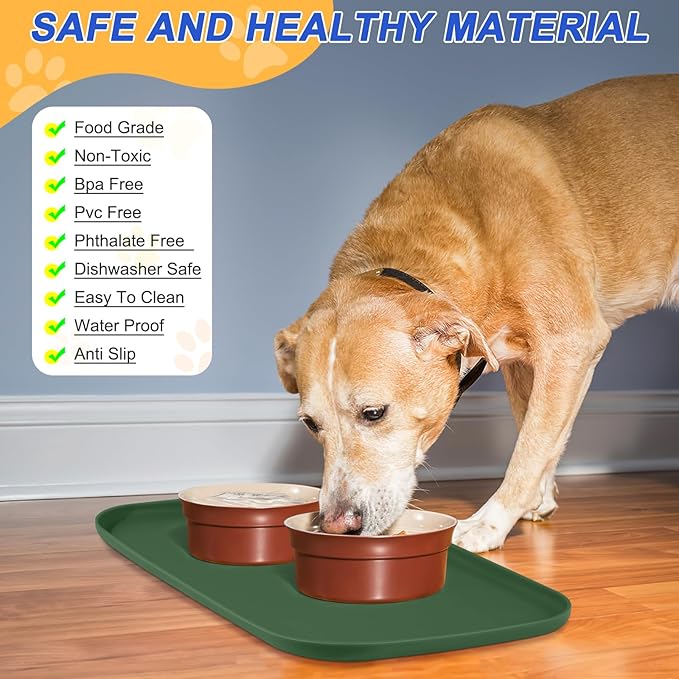 SMILOOL Waterproof Silicone Pet Food Mat with Raised Edge for Dog & Cat | 22" x 14" Non-Slip Pet Feeding Mats with Lip for Food & Water Bowl, Food Grade, Easy Cleaning, Dark Olive