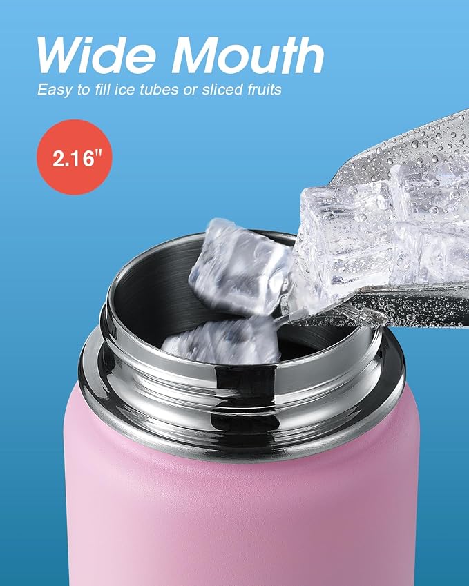 Coolflask Water Bottle 24 oz Insulated with Straw, Stainless Steel Metal 3 Lids Water Flask Wide Mouth for Sports or Office, Non-BPA Keep Cold Up to 48 Hrs or Hot Up to 24 Hrs, Bubblegum Princess