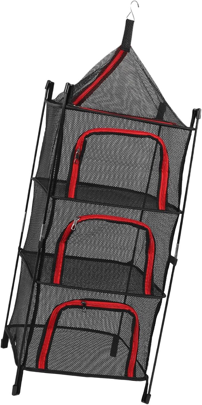 GOWENIC 4 Layer Hanging Drying Mesh Foldable Net Rack for Clothes Fish Heavy Duty Thickened Material, Space Saving Hanging Dryer for Travel Camping (Red)