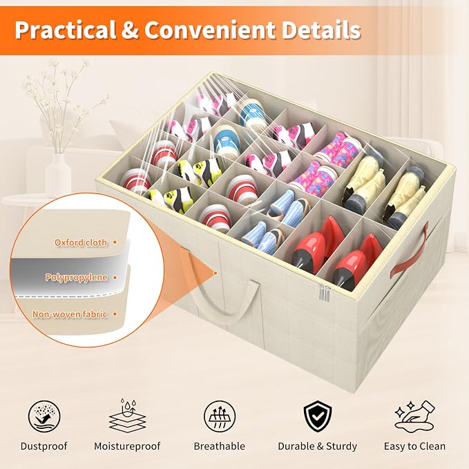 Aokeyee 2 Pack Shoe Organizer for Closet, Large Shoe Storage Box, Beige | Fits up to 48 Pairs, Stackable, Space Saving, Foldable, Shoes Organizer Bin with Clear Cover, 4 Reinforced Handles