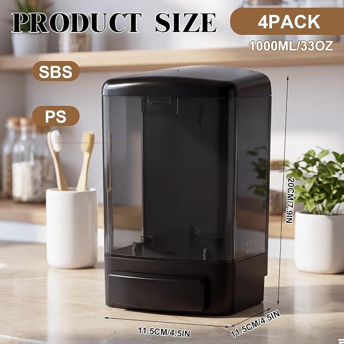 Hushee 4 Pcs Plastic Wall Mounted Soap Dispenser Commercial Manual Soap Containers Wall Dispenser for Kitchen Shower Hotel Liquid Shampoo Gel Chamber (33.8 oz 1000 ml,All Black)