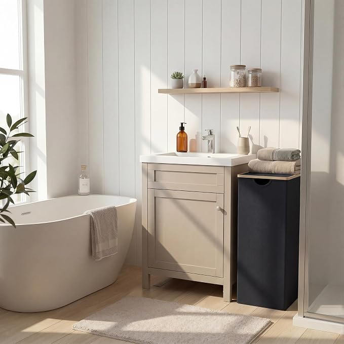 efluky Slim Laundry Basket with Lid, Narrow Laundry Hamper with Removable Bag, Skinny Dirty Clothes Basket with Bamboo Handles for Bathroom, Bedroom & Laundry Room, 90L Black