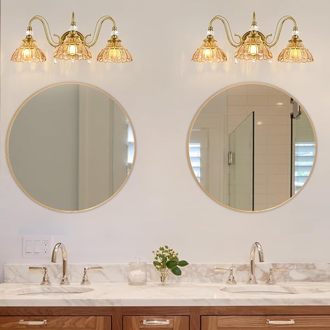 Vintage Bathroom Vanity Light, 3-Light Brushed Gold Finish Wall Sconce with Hanging Crystal Accents and Flower-Shaped Amber Glass Shades, Retro Wall Mount Vanity Light Over Mirror for Bathroom
