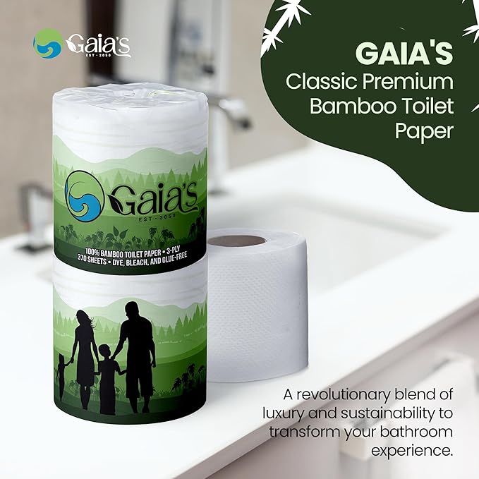 Gaias Premium and Soft Organic Bamboo Toilet Paper | 12 Mega Rolls, 3 Ply, 370 Sheets | FSC Certified, PFAS & BPA Free, Eco-Friendly, Sustainable Tissue - Plastic Free, Septic Safe, Vegan