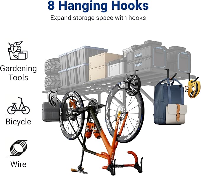 FLEXIMOUNTS 4-Pack 2x6ft Heavy Duty Garage Wall Shelving, 1200lbs Capacity, Garage Shelving Wall Mounted with 8 Hooks, Storage for Power Tools, Garden Supplies, Storage Bins, Lite Series