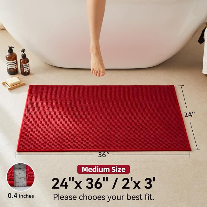 Triohero Bathroom Rugs Non Slip Washable, Super Absorbent Thin Bath Mat Quick Dry Low Pile Bathroom Rug, Red 24"x36"
