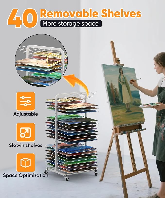Art Drying Rack with 40 Removable Shelves, Mobile Metal Paint Drying Stand with Lockable Wheels, Functional Canvas Rack Art Storage for Artwork in Classrooms, Art Studios and Schools, White