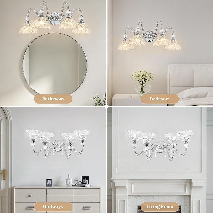 Brushed Chrome Bathroom Vanity Light, 4-Light Chrome Finish Wall Sconce with Hanging Crystal Accents and Flower-Shaped Clear Glass Shades, Modern Wall Mount Vanity Light Over Mirror for Bathroom