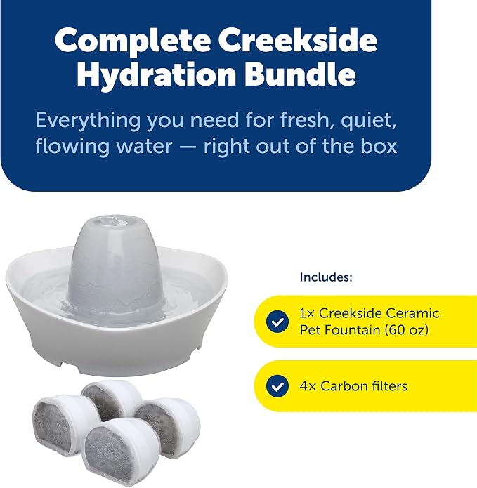 PetSafe Creekside Ceramic Pet Fountain, 60 Oz, 4-Pack Carbon Filters | 60 Oz Capacity, Whisper-Quiet Flow, Includes Carbon Filters, Top-Rack Dishwasher Safe