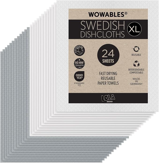 Swedish Dishcloths for Kitchen XL, 24 2x12 Sheet Rolls, Biodegradable, Compostable, Reusable Paper Towel Cleaning Cloths, 11" x 10" No Odor Washing Dishes, Ultra Absorbent Cellulose Sponge Towel, LOLA
