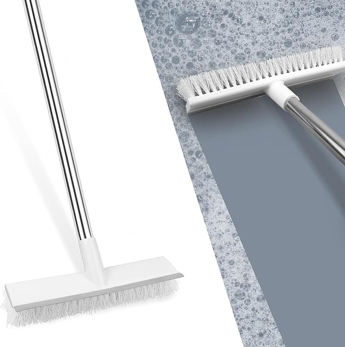 Bathroom Cleaning Brush with Wiper,Tiles Cleaning Brush Bathroom Brush with Long Handle Tile Cleaner Brush Bathroom Floor Cleaning Brush Floor Cleaner Brush Floor Scrub Brush (White Brush)