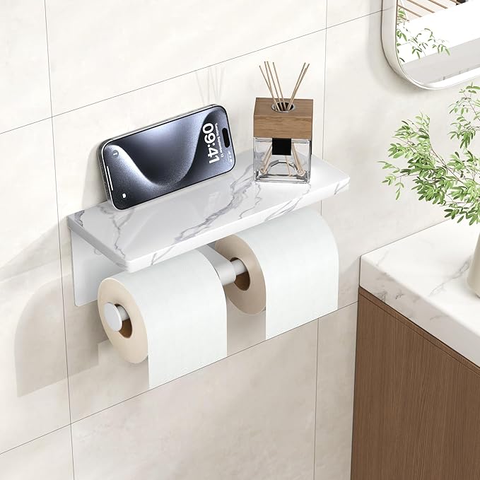 FORIOUS Toilet Paper Holder with Shelf, Marble Wall Mount Tissue Roll Holder for Bathroom, Washroom, 304 Stainless Steel Double Commercial Toilet Tissue Dispensers with Phone Shelf, White