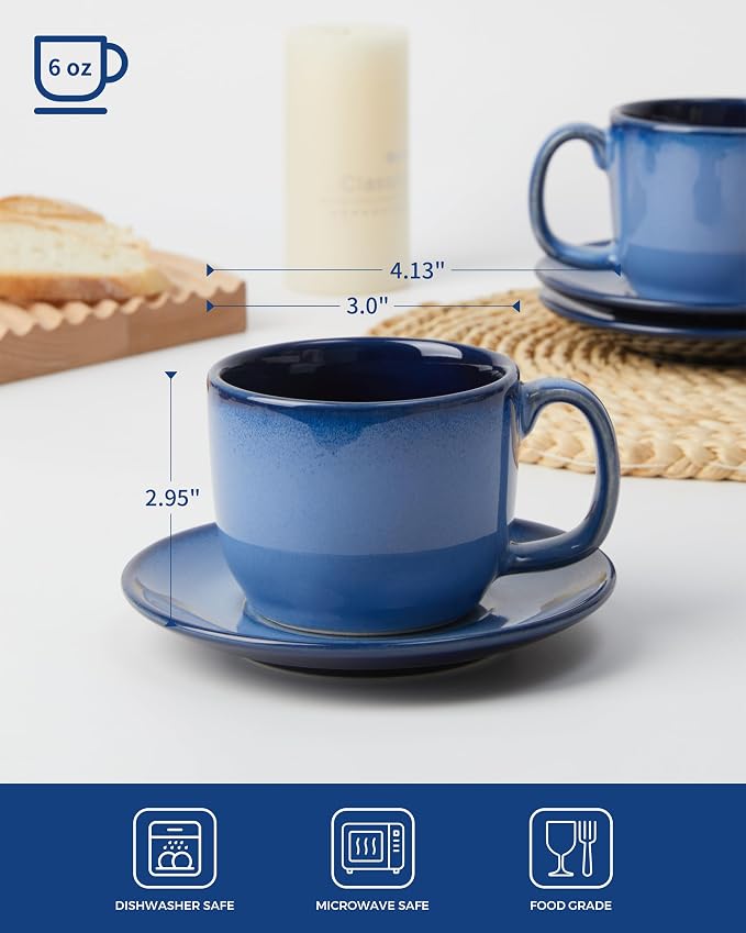 Pokini Stoneware Coffee Cups with Saucers, 6 Oz Cappuccino Cups Set of 4, Microwave & Dishwasher Safe, Perfect For Tea, Espresso, Latte, Ceramic Mugs for Kitchen or Cafe, Light Blue