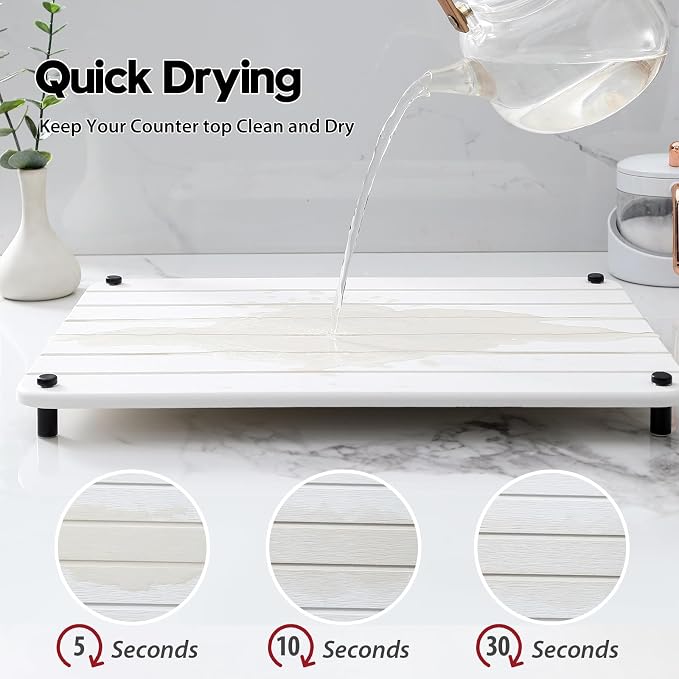 Stone Dish Drying Mat for Kitchen Counter, Water Absorbing Bathroom Tray Sink Organizer, Diatomaceous Earth Countertop Dish Rack Riser Sponge Holder Soap Dish, White, 16" x 12"