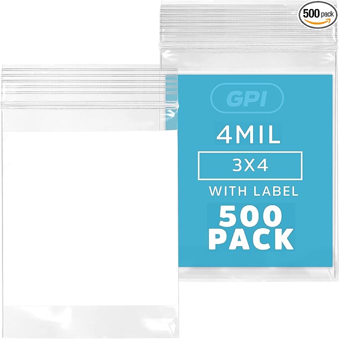 GPI - 3" x 4" - Bulk Pack of 500, 4 Mil Thick, Heavy Duty, Clear Plastic Reclosable Zip Bags, With Write-on White Block for Labeling, Strong & Durable Poly Baggies With Resealable Zipper Top Lock.