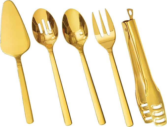 18/10 Large Hostess Gold Serving Utensils,Stainless Steel Serving | Heavy Duty 10-inch Serving Spoons, Slotted Spoons, Serving Fork, Serving Tongs, Cake Pie Server for Buffet, Wedding, Parties