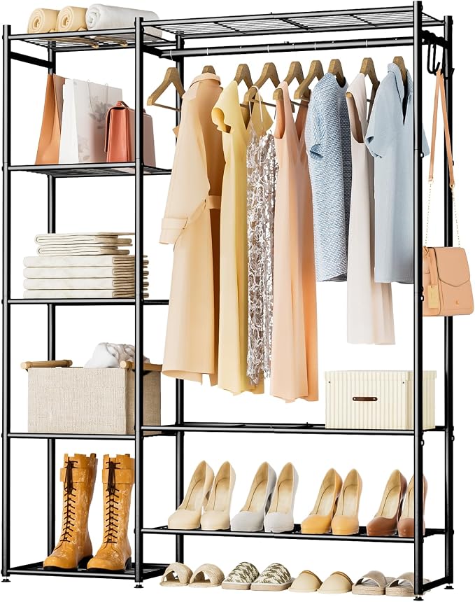 Neprock Wardrobe Closet, Portable Clothing Rack for Hanging Clothes, Free Standing Closet Organizers and Storage System with 4 Tiers Shelves for Cloakroom Bedroom,Black