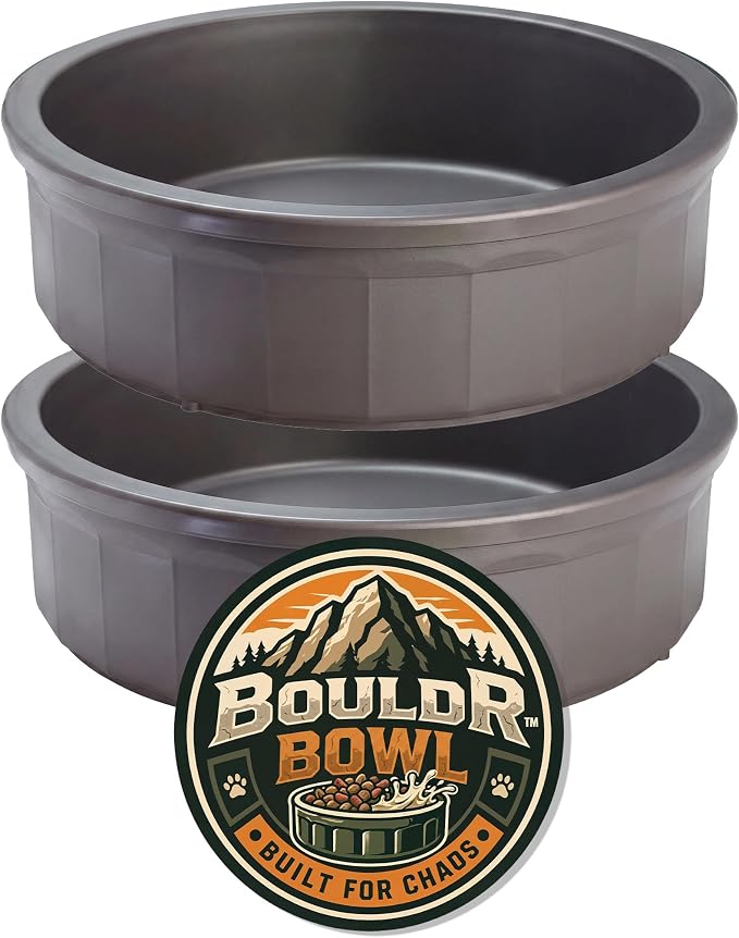 Pet Crock Bowl - 2 Pack – Thick Durable Plastic (Gray, 48oz Large) Non-Tip Food & Water Dish for Dogs, Cats - Indoor/Outdoor - Chew Resistant, Easy Clean BouldrBowl from Healthy Surplus®