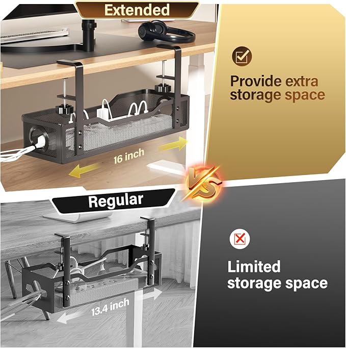 Under Desk Cable Management Large, Cinati 16" Cable Management Box for Table Thickness up to 3", Wire Cord Organizer with Clamp No Drill, No Damage to Desk (Black)