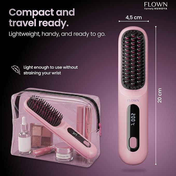 FLOWN® Original Go Brush PRO [Five Minutes Hair Styling Routine] - No Damage Heat Brush with USB-C Charger - Electric Travel Pocket Brush for All Hair Types - Pink (Formerly Numoya)