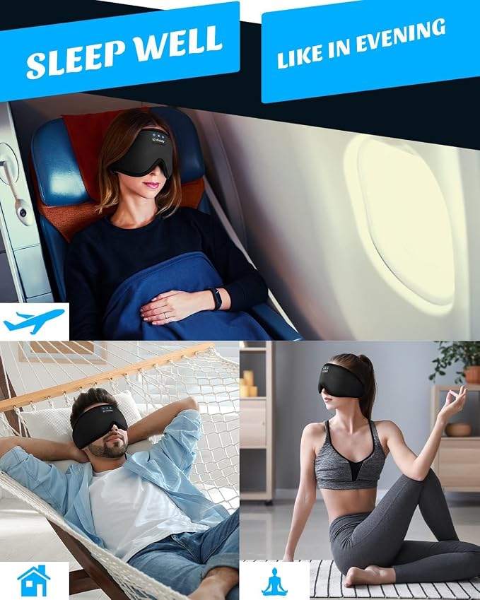 Sleep Mask with Headphones Bluetooth 5.4, LC-dolida Wireless Music Eye Mask for Sleeping Headphones with Soft Silk Cooling Breathable,Ultra-Thin Stereo Speaker for Side Sleepers-Raven