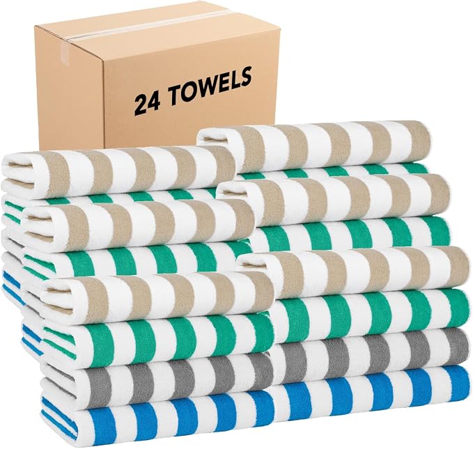 Arkwright California Cabana Stripe Beach Towel Bulk - Case of 24, Large Soft Quick Dry 100% Cotton Terry Towels Set for Pool, Swim, and Hot Tub, Oversized 30 x 70 in, Multiple