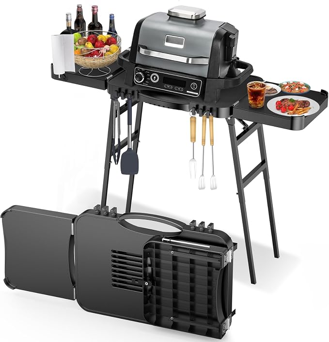 Pizza Oven Table Compatible with Ninja Woodfire | 51 x 17 in tabletop, adjustable-height frame, raised guardrail, for Blackstone griddles