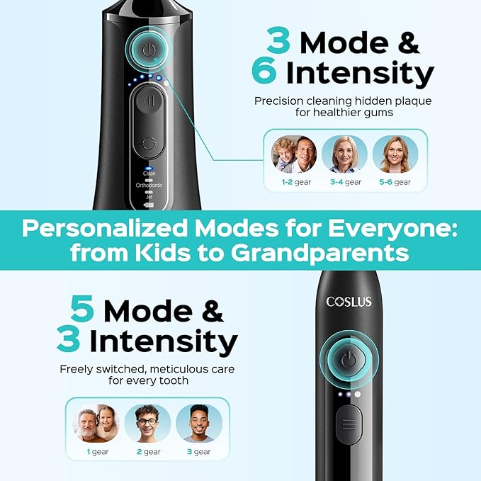 COSLUS C51C30 Water Flosser Electric Toothbrush Combo, 2-1 Oral Clean Kit | Portable Brushing & Flossing for Teeth & Braces Cleaning, Multiple Modes for Family Use, Cordless for Home & Travel, Black