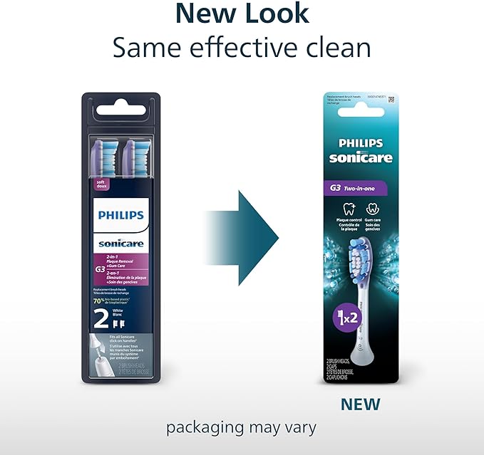 Philips Sonicare G3 2-in-1 Plaque Removal + Gum Care Brush Heads, Genuine Replacement Toothbrush Heads, White, 2 Pack, HX9052/65
