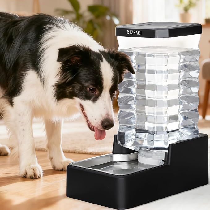 RIZZARI 10L Gravity Dog Water Bowl Dispenser: Wide Mouth Filter-Free Design | Stable Anti-Spill Base/Dishwasher Safe Bowl / Multi-Pet Friendly Design/Travel & Workday Ready /Low Maintenance Daily Use